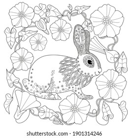 Art therapy coloring page. Coloring Book for adults and children. Colouring pictures with rabbit. Antistress freehand sketch drawing with doodle and zentangle element