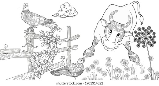 Art therapy coloring page. Coloring Book for children and adults. Colouring pictures with bull and fence. The art of linear engraving. Romantic concept.