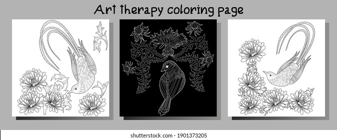 Art therapy coloring page. Coloring Book for adults. Colouring pictures with flowers and birds. Antistress freehand sketch drawing with doodle and zentangle elements.