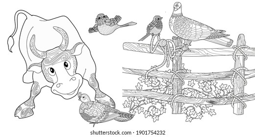 Art therapy coloring page. Coloring Book for children and adults. Colouring pictures with bull and fence. The art of linear engraving. Romantic concept.