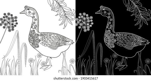 Art therapy coloring page. Coloring Book for children and adults. Colouring pictures with goose. Antistress freehand sketch drawing with doodle and zentangle elements.