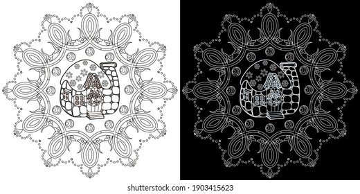 Art therapy coloring page. Coloring Book for adults and children. Outline Mandala and Sweet Home for coloring book. Decorative round ornament. Anti-stress therapy pattern. Weave design element.