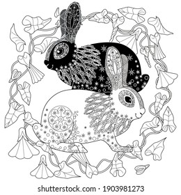 Art therapy coloring page. Coloring Book for adults and children. Colouring pictures with rabbit. Antistress freehand sketch drawing with doodle and zentangle element