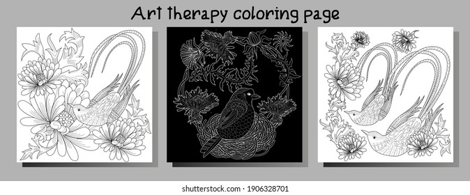 Art therapy coloring page. Coloring Book for adults. Colouring pictures with flowers and birds. Antistress freehand sketch drawing with doodle and zentangle elements.