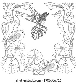 Art therapy coloring page. Coloring Book for adults. Colouring pictures with flowers and birds. Antistress freehand sketch drawing with doodle and zentangle elements.