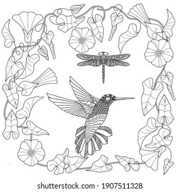 Art therapy coloring page. Coloring Book for adults. Colouring pictures with flowers and birds. Antistress freehand sketch drawing with doodle and zentangle elements.