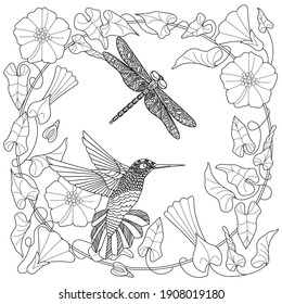 Art therapy coloring page. Coloring Book for adults. Colouring pictures with flowers and birds. Antistress freehand sketch drawing with doodle and zentangle elements.