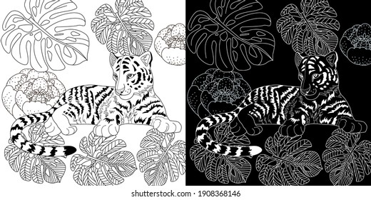 Art therapy coloring page. Coloring Book for adults and children. Colouring pictures with tiger cub. Antistress freehand sketch drawing with doodle and zentangle elements.