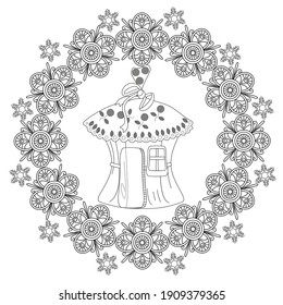 Art therapy coloring page. Coloring Book for adults and children. Outline Mandala and Sweet Home for coloring book. Decorative round ornament. Anti-stress therapy pattern. Weave design element.