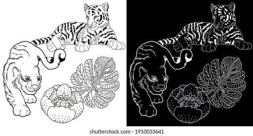 Art therapy coloring page. Coloring Book for adults and children. Colouring pictures with tiger cub. Antistress freehand sketch drawing with doodle and zentangle elements.