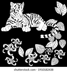 Art therapy coloring page. Coloring Book for adults and children. Colouring pictures with tiger cub. Antistress freehand sketch drawing with doodle and zentangle elements.