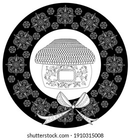 Art therapy coloring page. Coloring Book for adults and children. Outline Mandala and Sweet Home for coloring book. Decorative round ornament. Anti-stress therapy pattern. Weave design element.