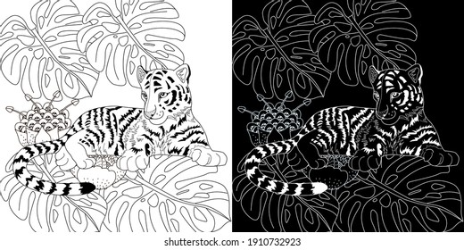 Art therapy coloring page. Coloring Book for adults and children. Colouring pictures with tiger cub. Antistress freehand sketch drawing with doodle and zentangle elements.