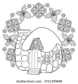 Art therapy coloring page. Coloring Book for adults and children. Outline Mandala and Sweet Home for coloring book. Decorative round ornament. Anti-stress therapy pattern. Weave design element.