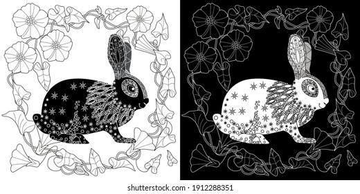 Art therapy coloring page. Coloring Book for adults and children. Colouring pictures with rabbit. Antistress freehand sketch drawing with doodle and zentangle element