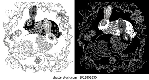 Art therapy coloring page. Coloring Book for adults and children. Colouring pictures with rabbit. Antistress freehand sketch drawing with doodle and zentangle element