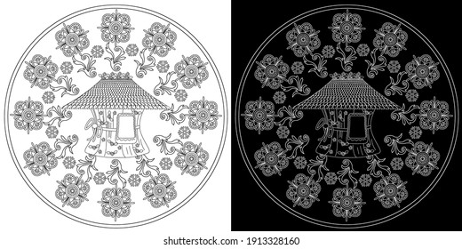 Art therapy coloring page. Coloring Book for adults and children. Outline Mandala and Sweet Home for coloring book. Decorative round ornament. Anti-stress therapy pattern. Weave design element.