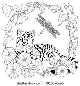 Art therapy coloring page. Coloring Book for adults and children. Colouring pictures with tiger cub. Antistress freehand sketch drawing with doodle and zentangle elements.
