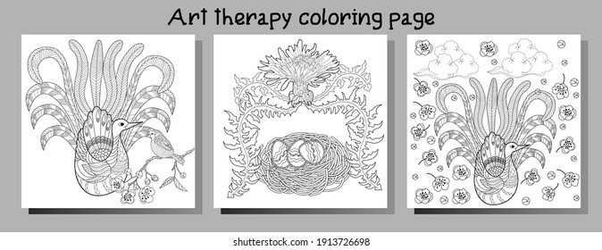 Art therapy coloring page. Coloring Book for adults. Colouring pictures with flowers and birds. Antistress freehand sketch drawing with doodle and zentangle elements.