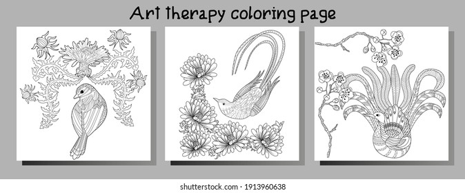 Art therapy coloring page. Coloring Book for adults. Colouring pictures with flowers and birds. Antistress freehand sketch drawing with doodle and zentangle elements.