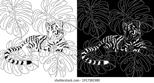 Art therapy coloring page. Coloring Book for adults and children. Colouring pictures with tiger cub. Antistress freehand sketch drawing with doodle and zentangle elements.