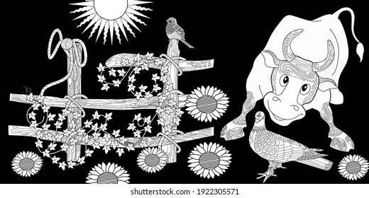 Art therapy coloring page. Coloring Book for children and adults. Colouring pictures with bull and fence. The art of linear engraving. Romantic concept.