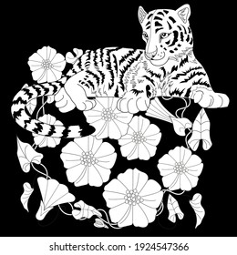 Art therapy coloring page. Coloring Book for adults and children. Colouring pictures with tiger cub. Antistress freehand sketch drawing with doodle and zentangle elements.