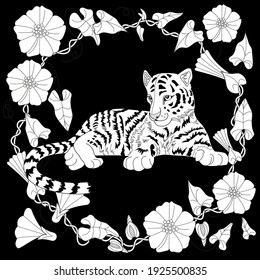 Art therapy coloring page. Coloring Book for adults and children. Colouring pictures with tiger cub. Antistress freehand sketch drawing with doodle and zentangle elements.