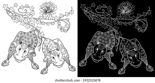 Art therapy coloring page. Coloring Book for children and adults. Colouring pictures with bulls. Linear art engraving. Romantic concept.