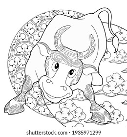 Art therapy coloring page. Coloring Book for children and adults. Colouring pictures with bull. The art of linear engraving. Romantic concept.