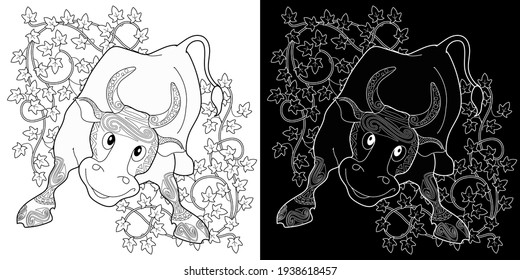 Art therapy coloring page. Coloring Book for children and adults. Colouring pictures with bull. The art of linear engraving. Romantic concept.