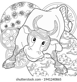 Art therapy coloring page. Coloring Book for children and adults. Colouring pictures with bull. The art of linear engraving. Romantic concept.