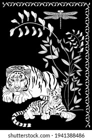 Art therapy coloring page. Coloring Book for adults and children. Colouring pictures with tiger. Antistress freehand sketch drawing with doodle and zentangle elements.