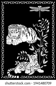 Art therapy coloring page. Coloring Book for adults and children. Colouring pictures with tiger. Antistress freehand sketch drawing with doodle and zentangle elements.