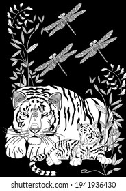 Art therapy coloring page. Coloring Book for adults and children. Colouring pictures with tiger. Antistress freehand sketch drawing with doodle and zentangle elements.