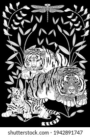 Art therapy coloring page. Coloring Book for adults and children. Colouring pictures with tiger. Antistress freehand sketch drawing with doodle and zentangle elements.