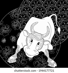 Art therapy coloring page. Coloring Book for children and adults. Colouring pictures with bull. The art of linear engraving. Romantic concept.