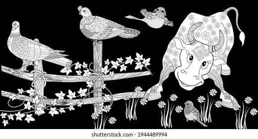 Art therapy coloring page. Coloring Book for children and adults. Colouring pictures with bull. The art of linear engraving. Romantic concept.