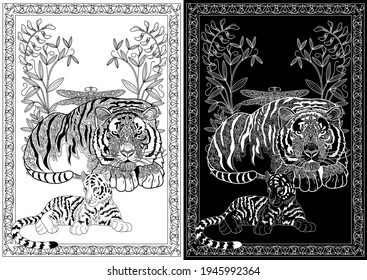 Art therapy coloring page. Coloring Book for adults and children. Colouring pictures with tiger. Antistress freehand sketch drawing with doodle and zentangle elements.
