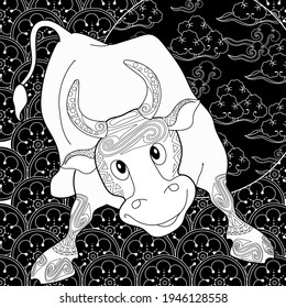 Art therapy coloring page. Coloring Book for children and adults. Colouring pictures with bull. The art of linear engraving. Romantic concept.