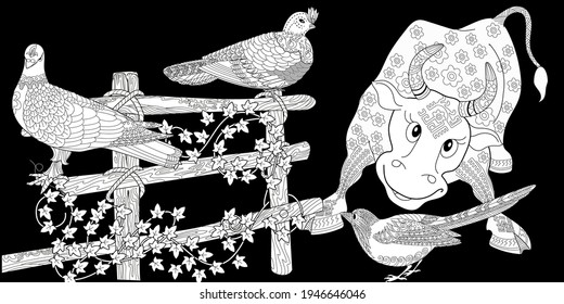 Art therapy coloring page. Coloring Book for children and adults. Colouring pictures with bull. The art of linear engraving. Romantic concept.