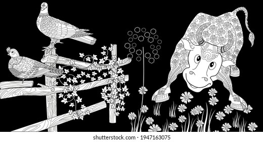 Art therapy coloring page. Coloring Book for children and adults. Colouring pictures with bull. The art of linear engraving. Romantic concept.