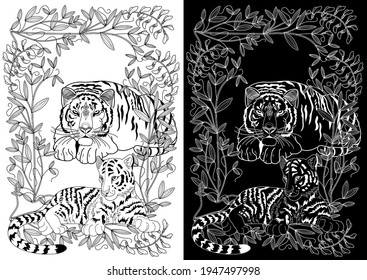 Art therapy coloring page. Coloring Book for adults and children. Colouring pictures with tiger. Antistress freehand sketch drawing with doodle and zentangle elements.