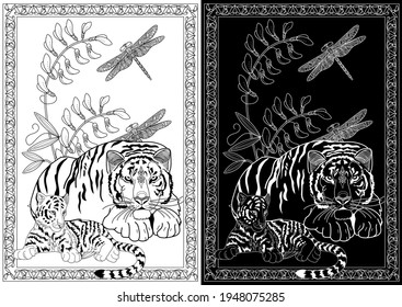 Art therapy coloring page. Coloring Book for adults and children. Colouring pictures with tiger. Antistress freehand sketch drawing with doodle and zentangle elements.