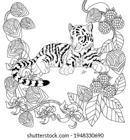 Art therapy coloring page. Coloring Book for adults and children. Colouring pictures with tiger. Antistress freehand sketch drawing with doodle and zentangle elements.