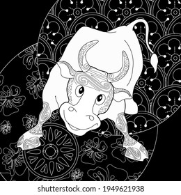 Art therapy coloring page. Coloring Book for children and adults. Colouring pictures with bull. The art of linear engraving. Romantic concept.