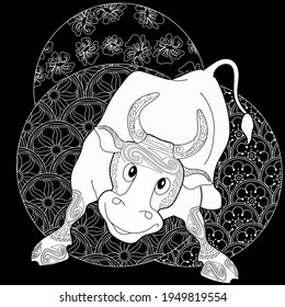 Art therapy coloring page. Coloring Book for children and adults. Colouring pictures with bull. The art of linear engraving. Romantic concept.