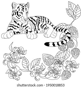Art therapy coloring page. Coloring Book for adults and children. Colouring pictures with tiger. Antistress freehand sketch drawing with doodle and zentangle elements.
