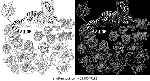 Art therapy coloring page. Coloring Book for adults and children. Colouring pictures with tiger. Antistress freehand sketch drawing with doodle and zentangle elements.
