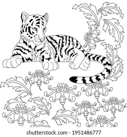 Art therapy coloring page. Coloring Book for adults and children. Colouring pictures with tiger. Antistress freehand sketch drawing with doodle and zentangle elements.